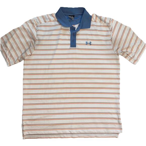 Under Armour Athletic Polo Shirt Mens Med White Blue Orange Stripes 1/4 Button - Picture 1 of 8
